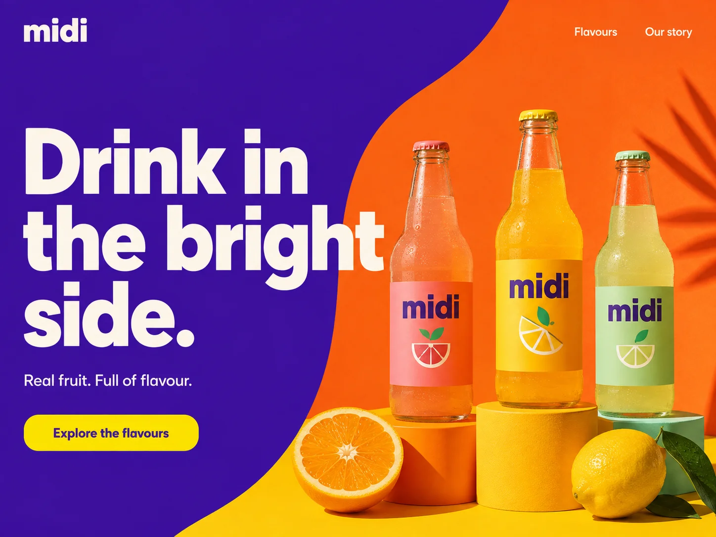 Original AI-generated Midi website concept: bright violet and orange hero with citrus drink bottles and the headline Drink in the bright side