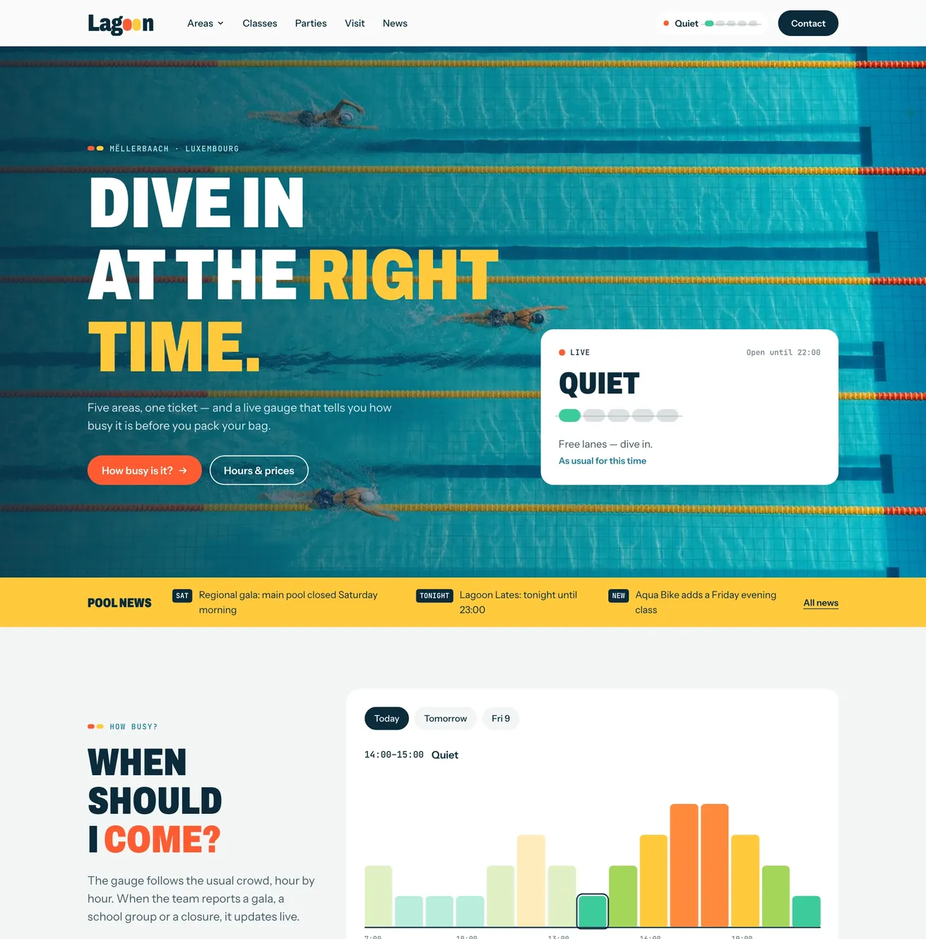 Lagoon website, a community aquatic centre: swimmers in their lanes, the headline Dive in at the right time and a live crowd card