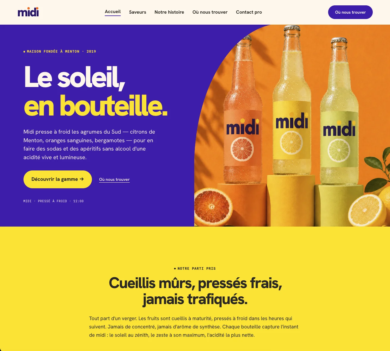 Midi website with its purple and yellow headline and colourful citrus drinks