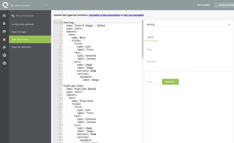 settings - type de contenu