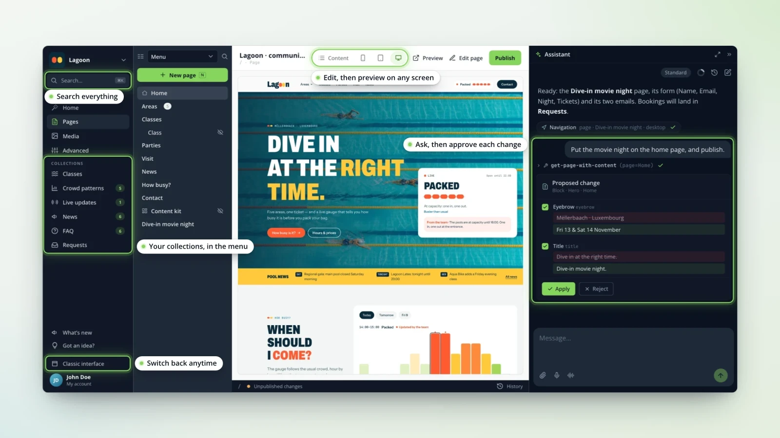 The new interface on an aquatic centre site: the page editor with the home page previewed on desktop, and the assistant proposing a change to approve. Highlights point to the ⌘K search, the collections in the menu, the preview views and the switch back to the classic interface.