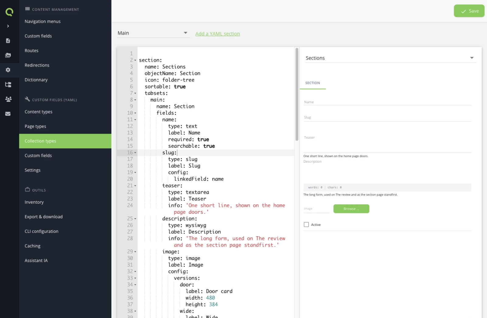 The Collection types screen in the backoffice: the sections collection open in the YAML editor on the left, and on the right a live preview of the editing form it produces, with the Name, Slug, Teaser, Description, Image and Active fields.