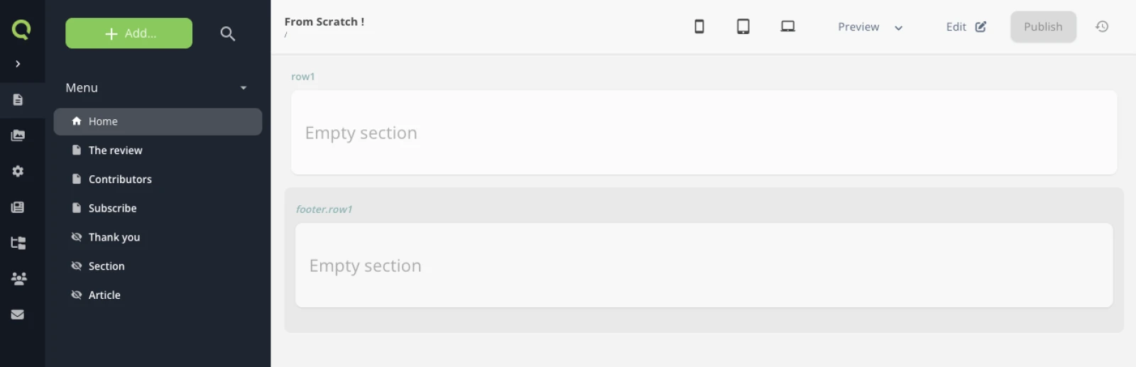 The backoffice page tree: Home, The review, Contributors and Subscribe with a page icon, then Thank you, Section and Article with a crossed-out eye marking them hidden.