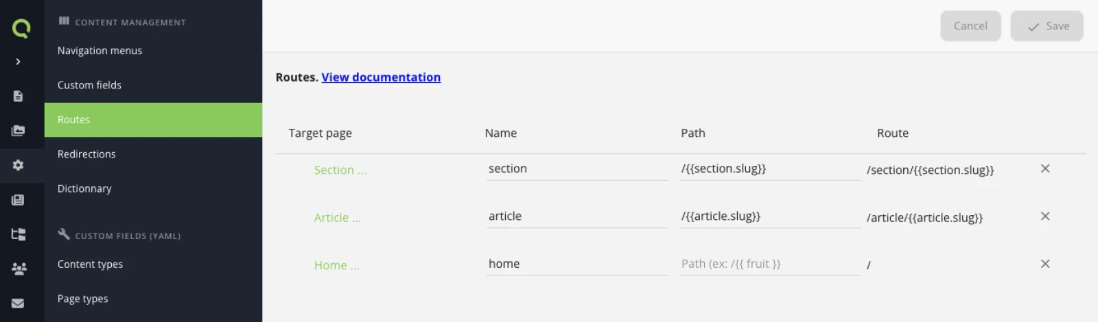 The Routes screen: three routes — section with path /{{section.slug}} resolving to /section/{{section.slug}}, article with path /{{article.slug}} resolving to /article/{{article.slug}}, and home with an empty path resolving to /.