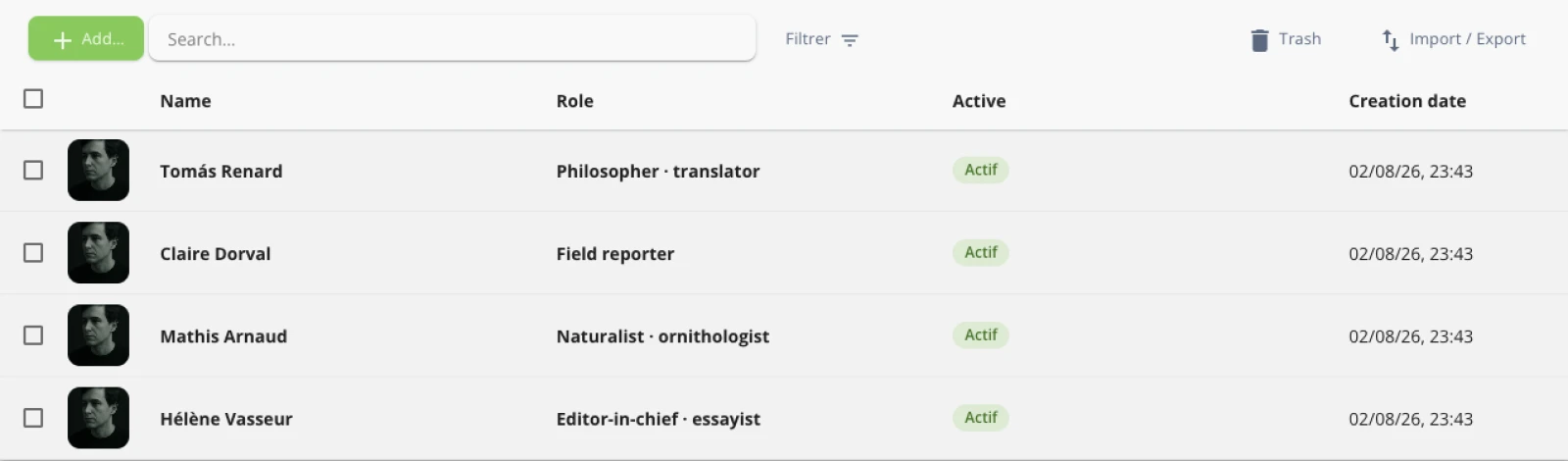 The Contributors collection in the back-office: four rows with their portraits, roles and Active state.