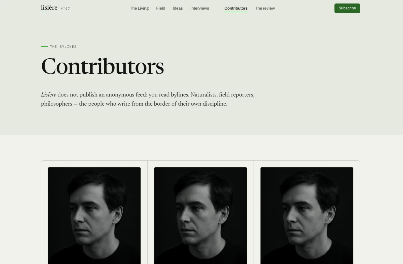 The contributors page rendered: the bylines stamp, the Contributors title, the editorial intro, and the grid of portrait cards below.