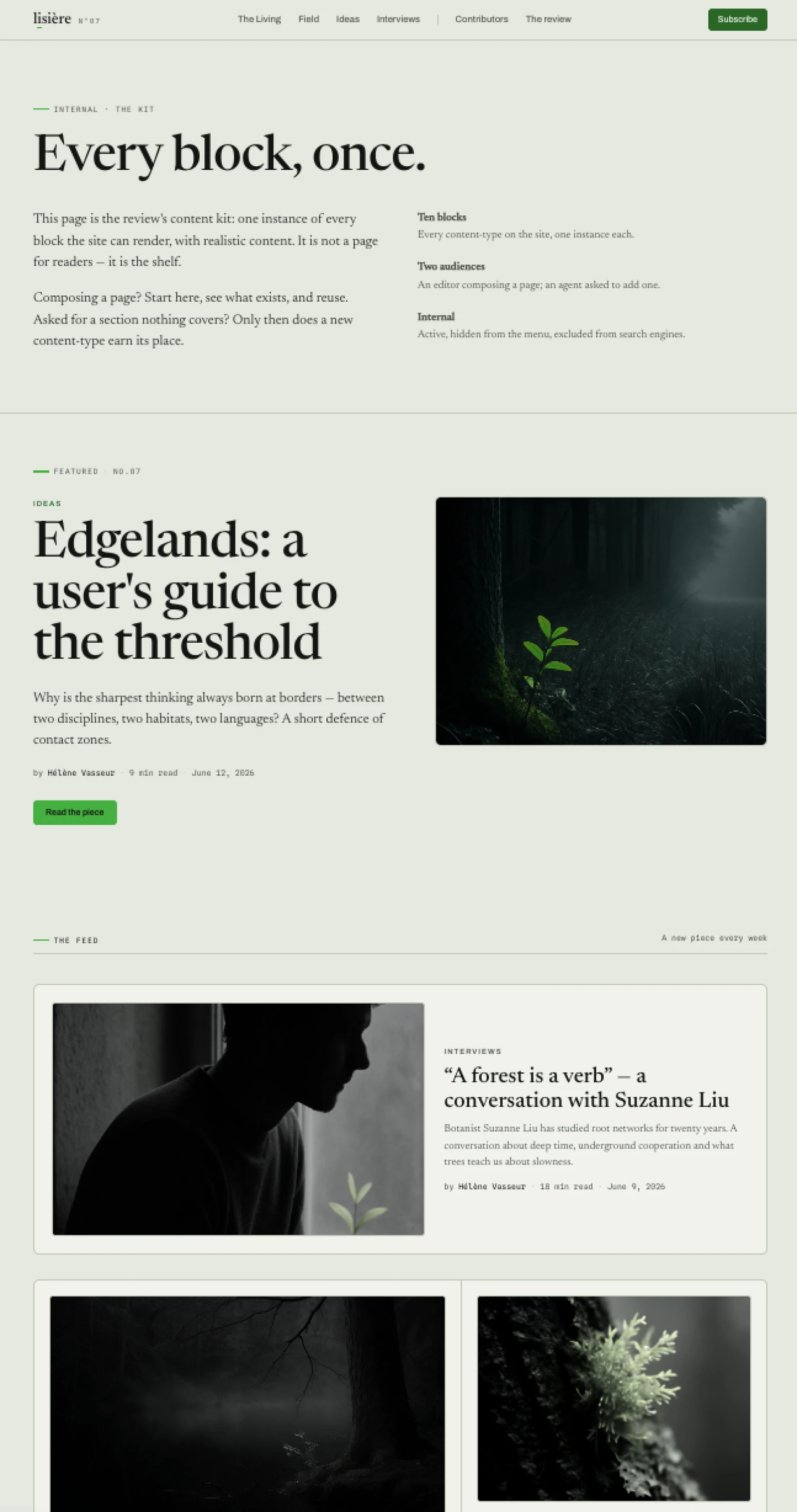 The content kit rendered: the kit's own header, then the featured piece, the feed, the section doors and the rest of the ten blocks in one scroll.