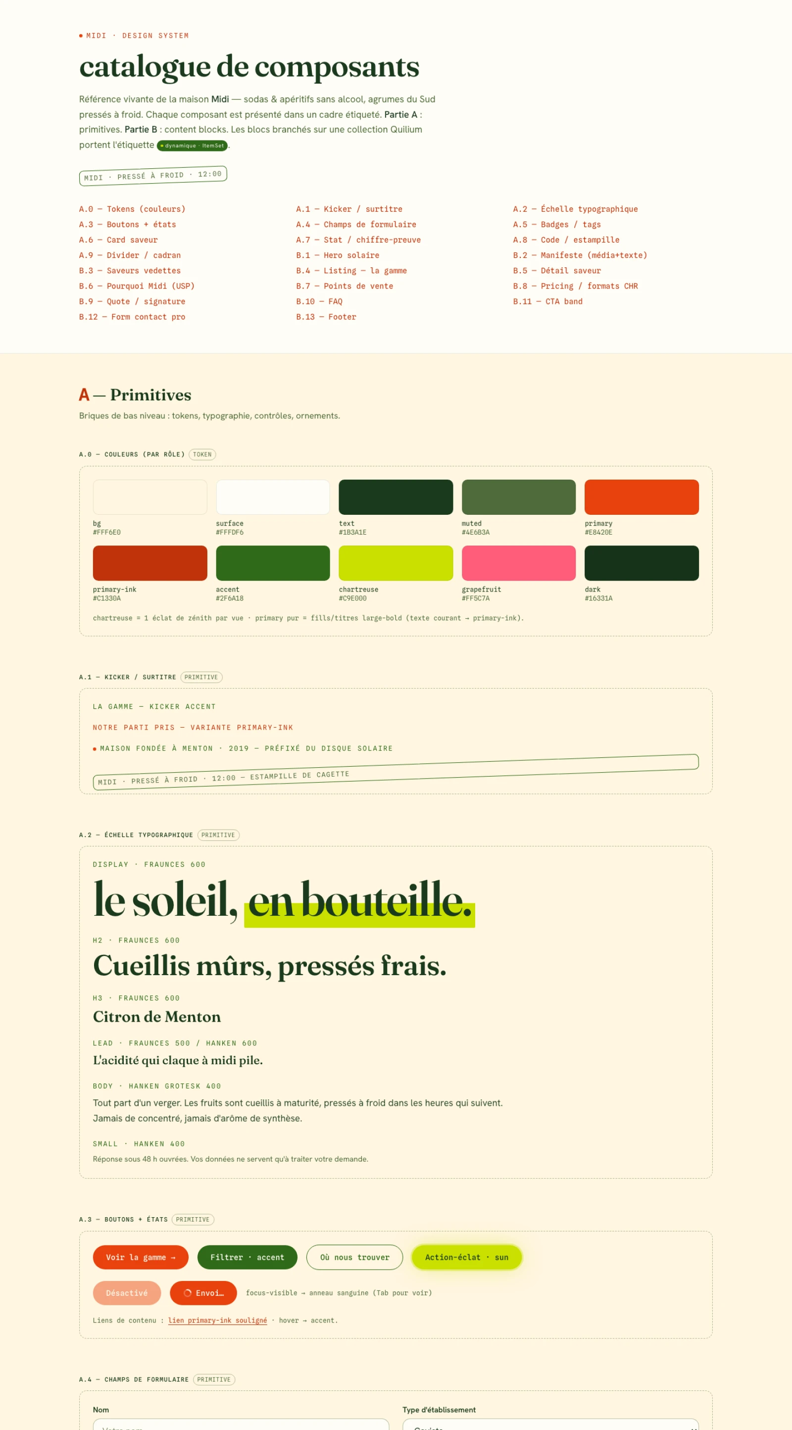 The served component catalogue: the index from A.0 to B.13, then the colour tokens with their hex values, the kicker variants, the type scale and the button states.