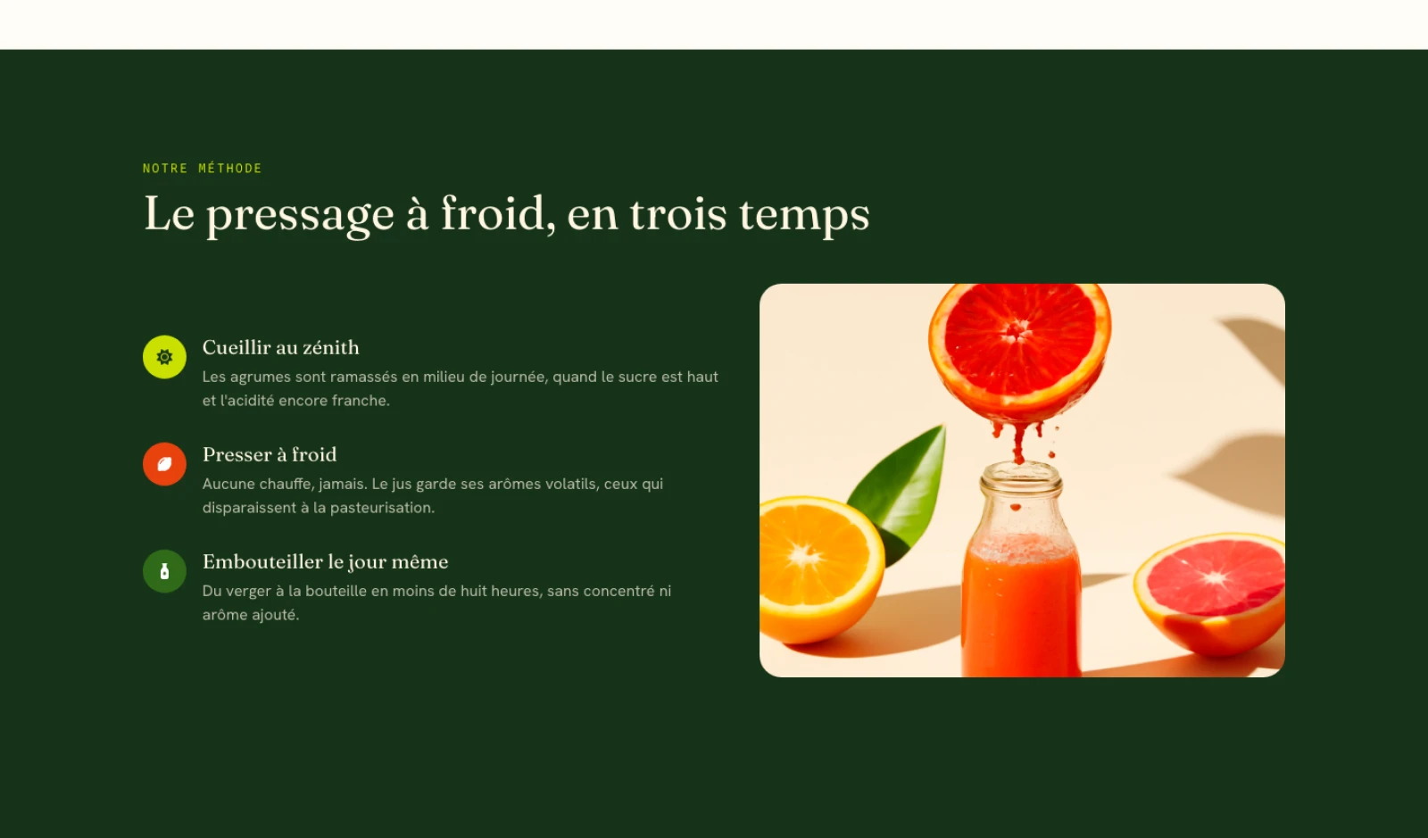 The generated block rendered on the site: a dark full-bleed band, a chartreuse kicker, three steps each with a coloured Font Awesome pill, and the press-room photograph on the right.
