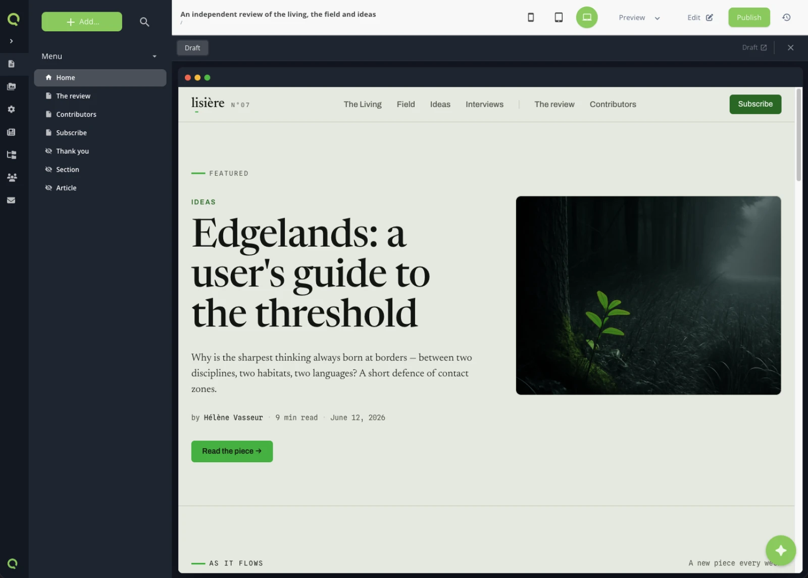 The Quilium back-office on the home page: the site tree on the left with Home selected, and the preview on the right showing the featured piece — the Ideas kicker, the headline, the byline and the cover.
