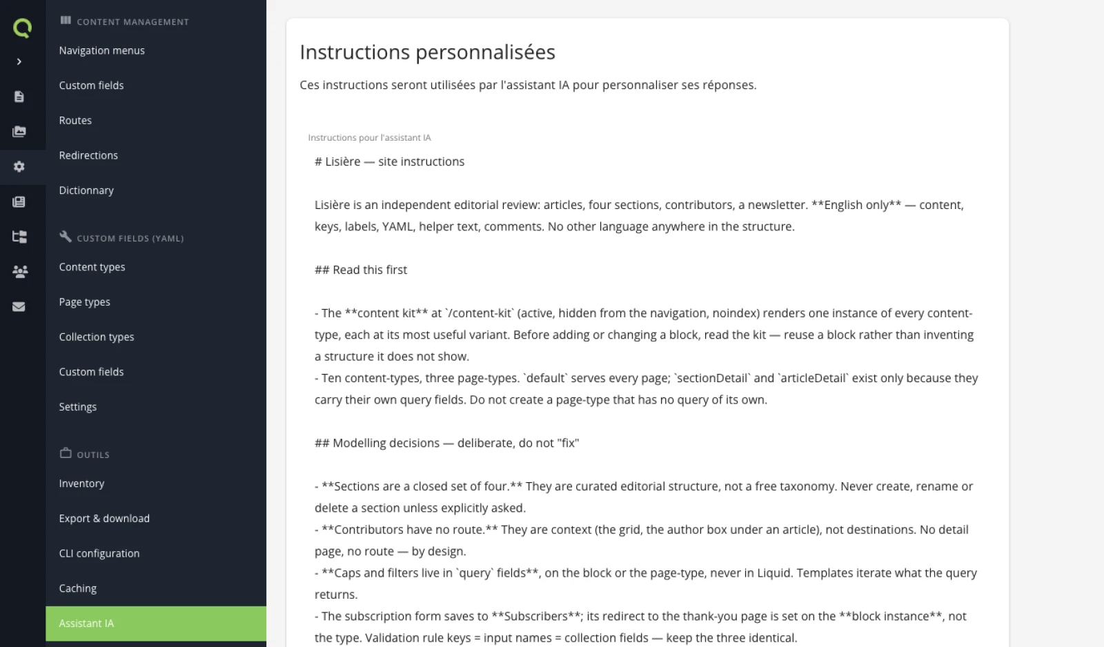 The AI instructions field in the back-office: the markdown document as stored on the site.