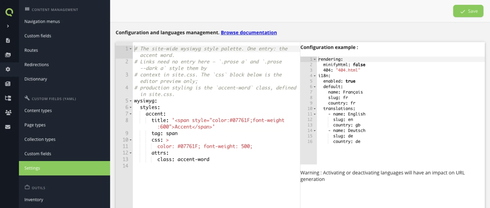 The Settings screen in the back-office: the miscellaneous YAML open in the editor with the wysiwyg palette entry and its comments, and the configuration example panel on the right.