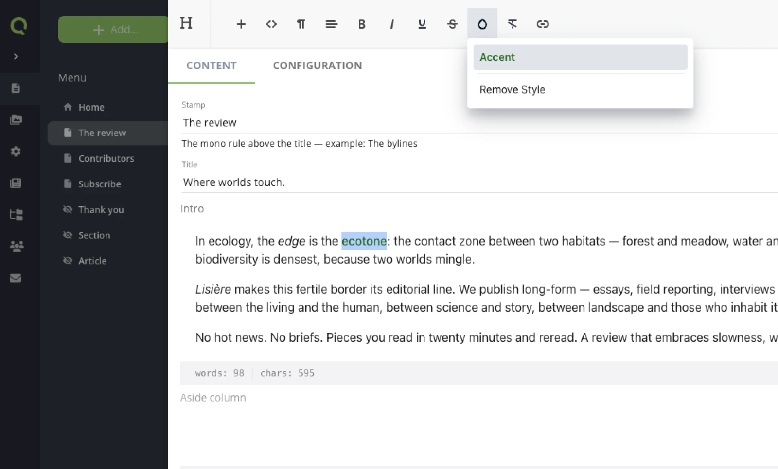 The wysiwyg editor in the back-office: the manifesto intro on The review page, the word ecotone selected, and the style dropdown open showing the Accent entry and Remove Style.