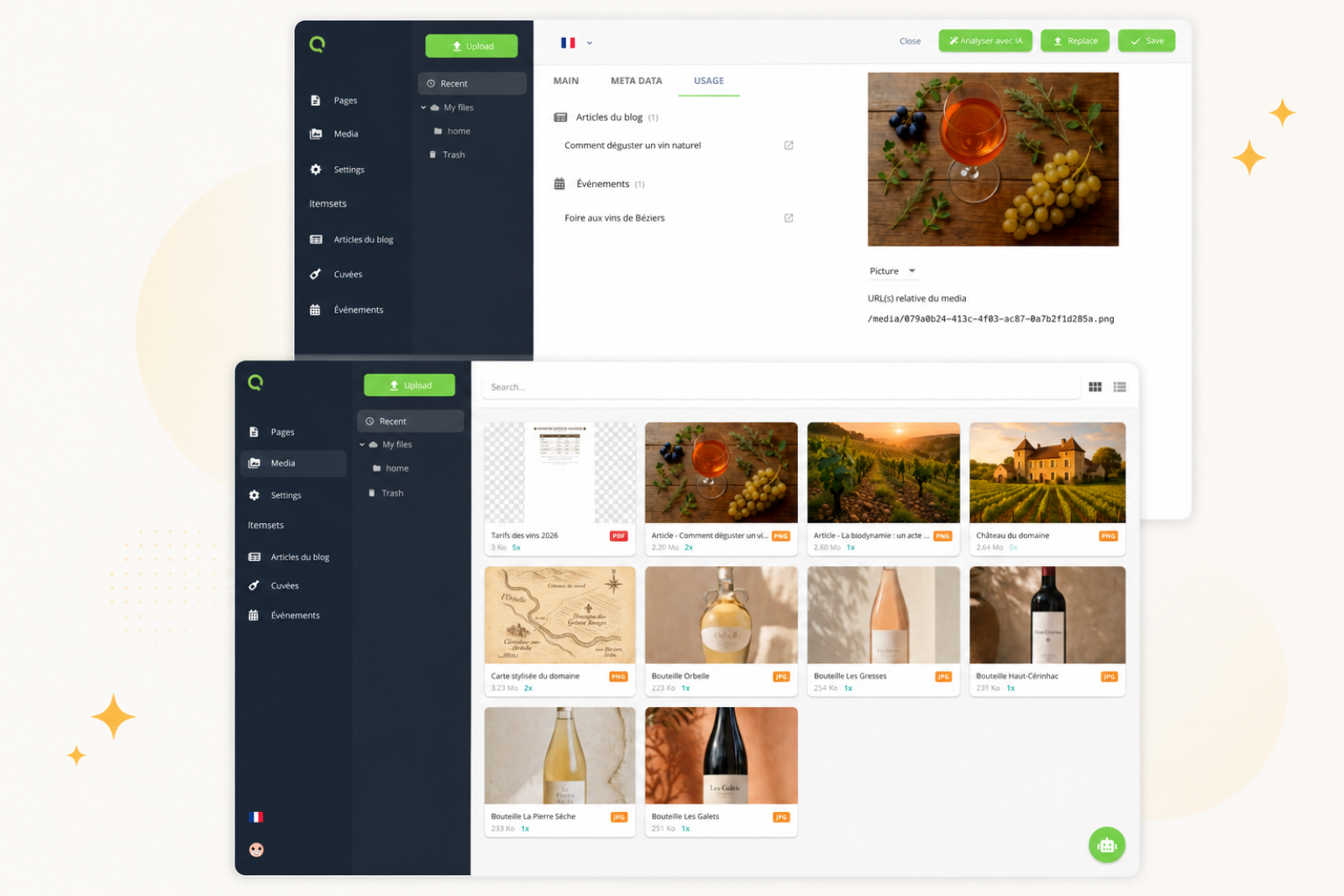 Wine management software dashboard showing navigation menu and product gallery with wine bottles and vineyard photographs