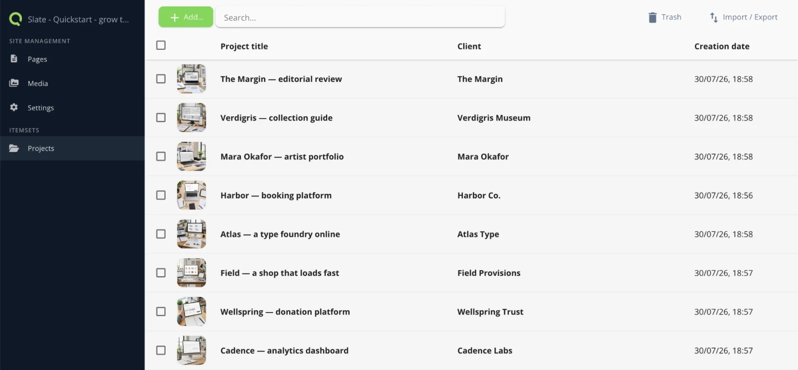 The Projects section in the backoffice, listing the eight projects in a datatable with a visual, the project title and the client.