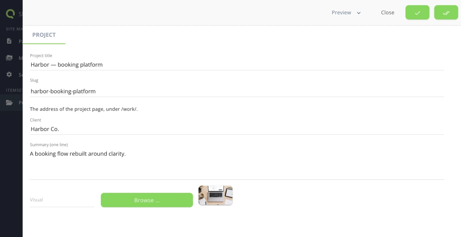 The edit form of one project, with the title, the slug filled in as harbor-booking-platform, the client, the summary and the visual.