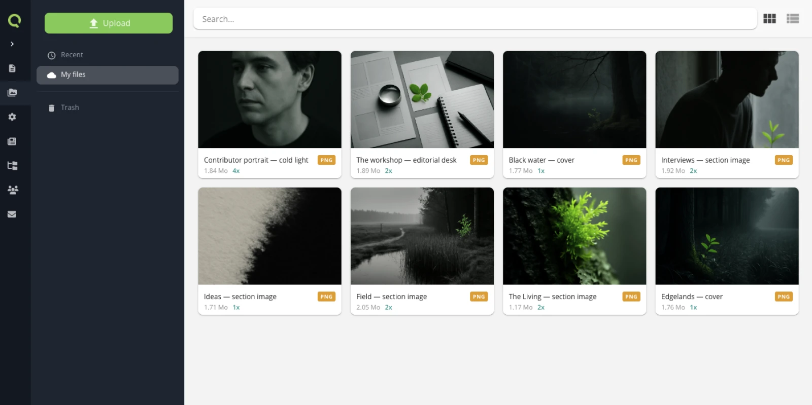 The media library: a grid of image cards, each with its name, format, weight and a usage counter. The left rail holds Upload, Recent, My files and Trash; this site has no folders, so everything sits at the root.