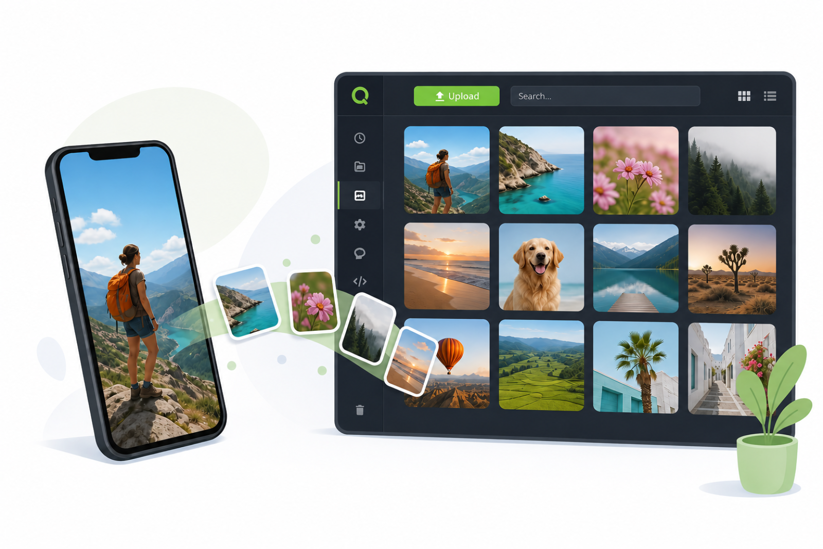 Mobile phone and desktop screen displaying photo management application with nature photography collection including landscapes, animals, and outdoor scenes