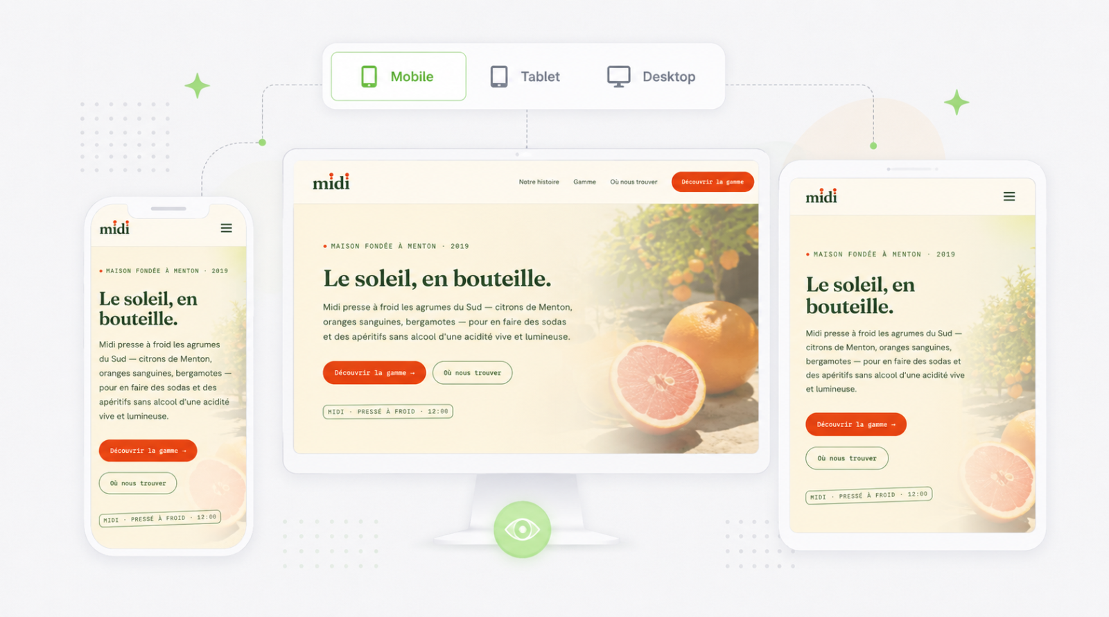 Responsive website design for Midi brand shown on mobile, tablet, and desktop devices with citrus imagery and orange accent buttons