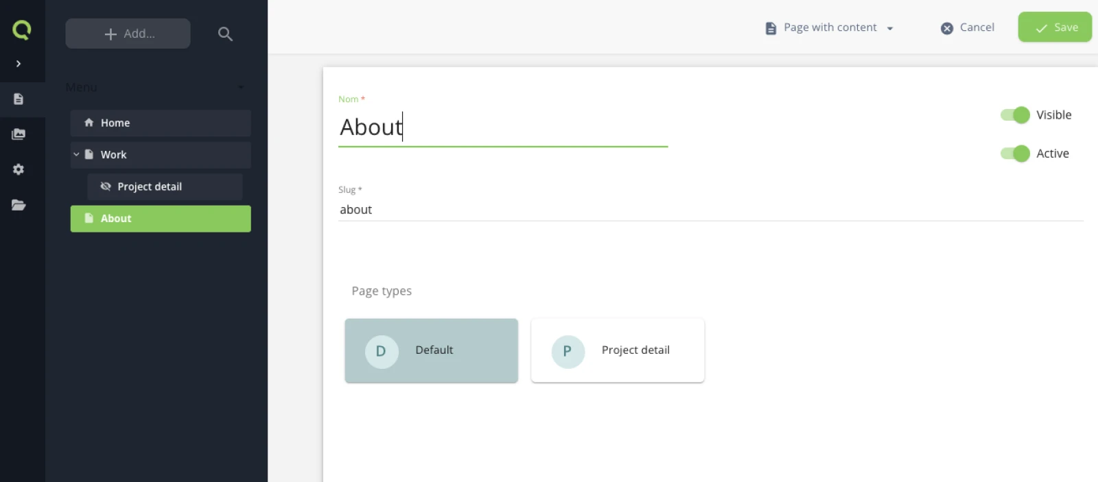 The page creation form, with the name About, the slug about, the Visible and Active toggles on, and the Default page-type selected.