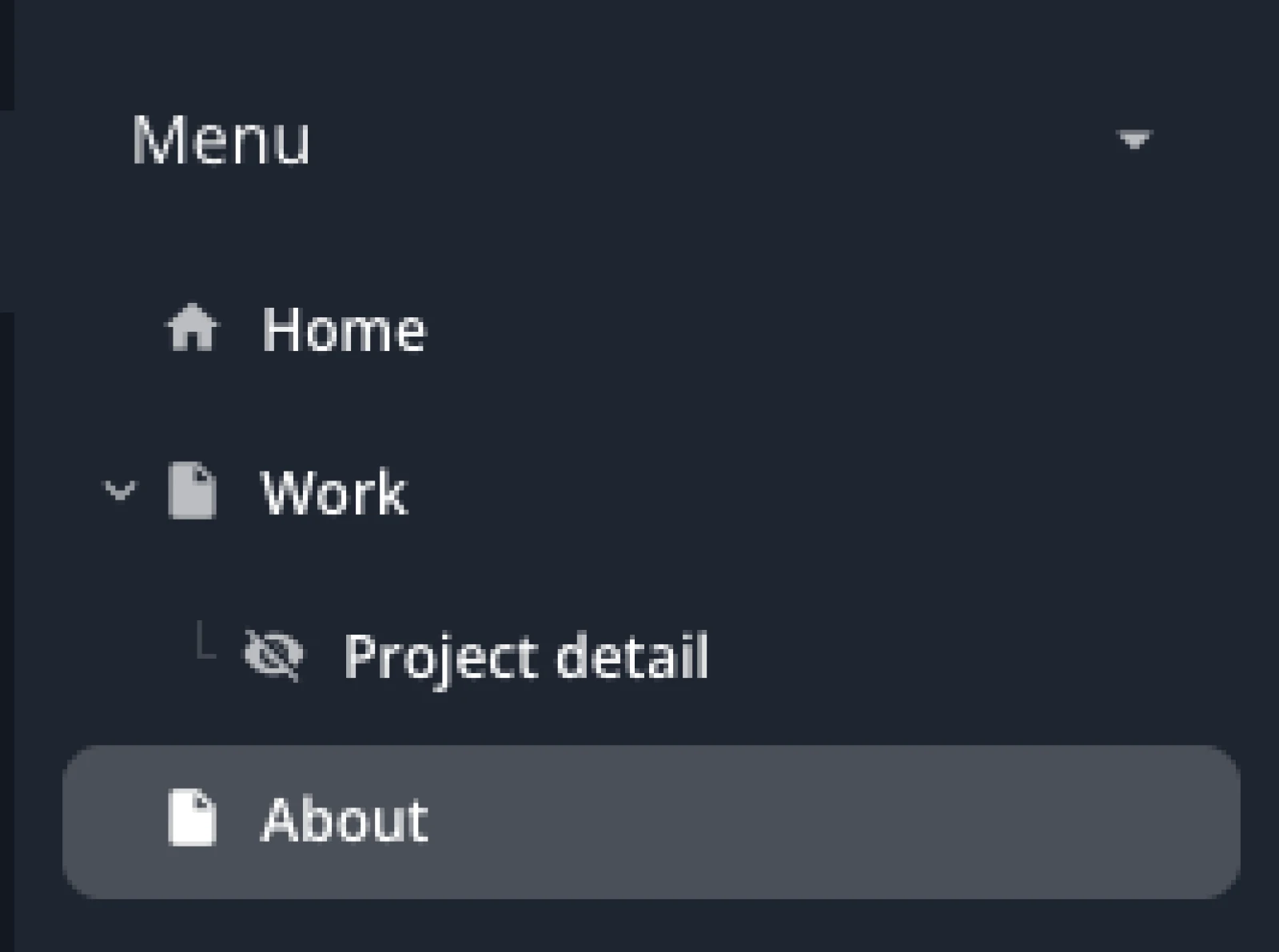 The page tree: Home, Work with Project detail nested under it and marked hidden, and About.