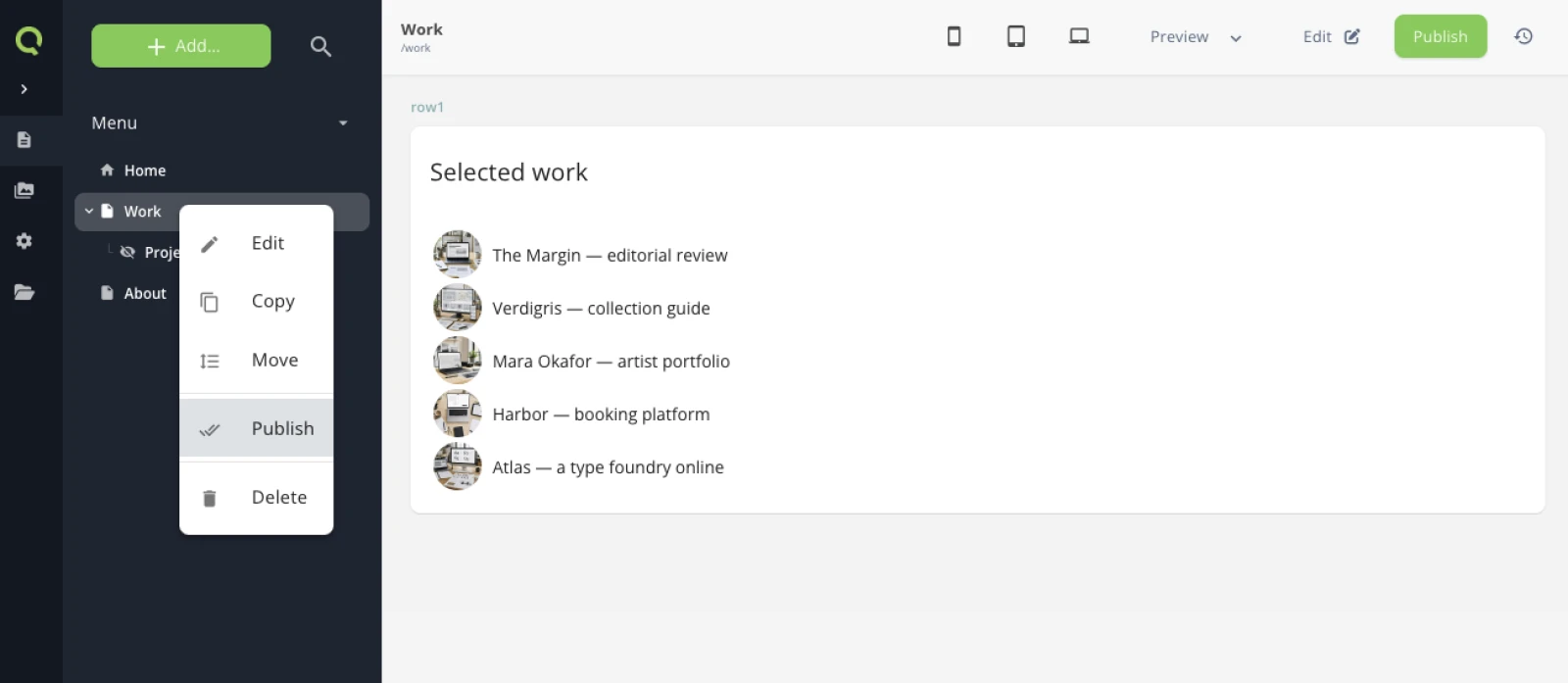 A right-click on the Work page in the menu, showing Edit, Copy, Move, Publish and Delete, with the green Publish button also visible top right.