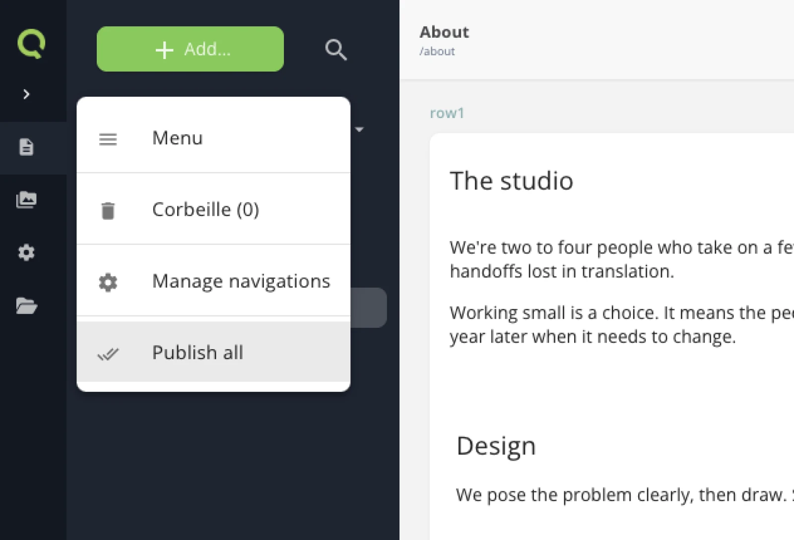 The Menu dropdown open on Publish all.