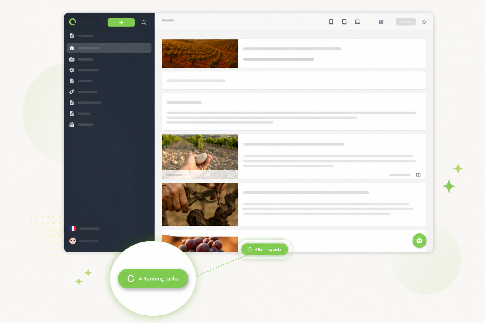 Screenshot of a responsive dashboard showing a sidebar menu on the left and main content area with animal photos, care information cards, and action buttons for managing livestock care tasks.