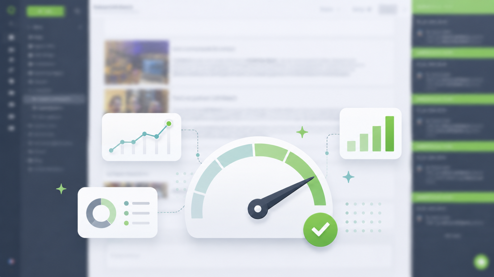 Analytics dashboard with trend chart, gauge meter showing completion status, bar chart, pie chart and performance metrics widgets