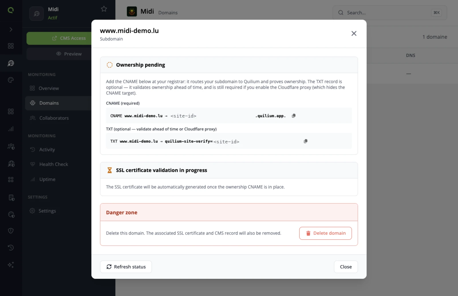 The Domains panel for www.midi-demo.lu: Ownership pending with the required CNAME and the optional TXT, SSL certificate validation in progress, and a danger zone for deleting the domain.