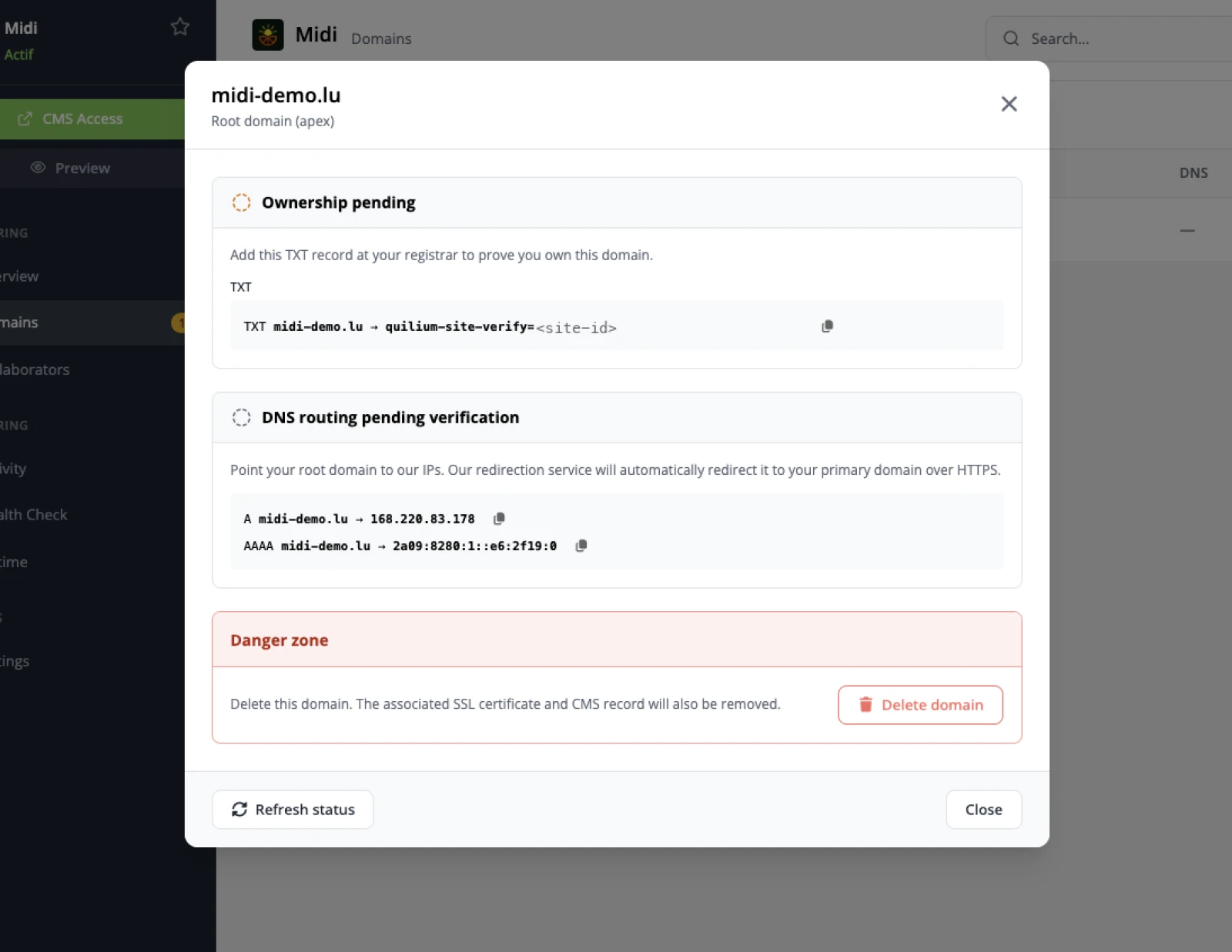 The Domains panel for the apex midi-demo.lu, labelled Root domain (apex): a required TXT for ownership, and A plus AAAA records pointing the root at Quilium's redirection service.
