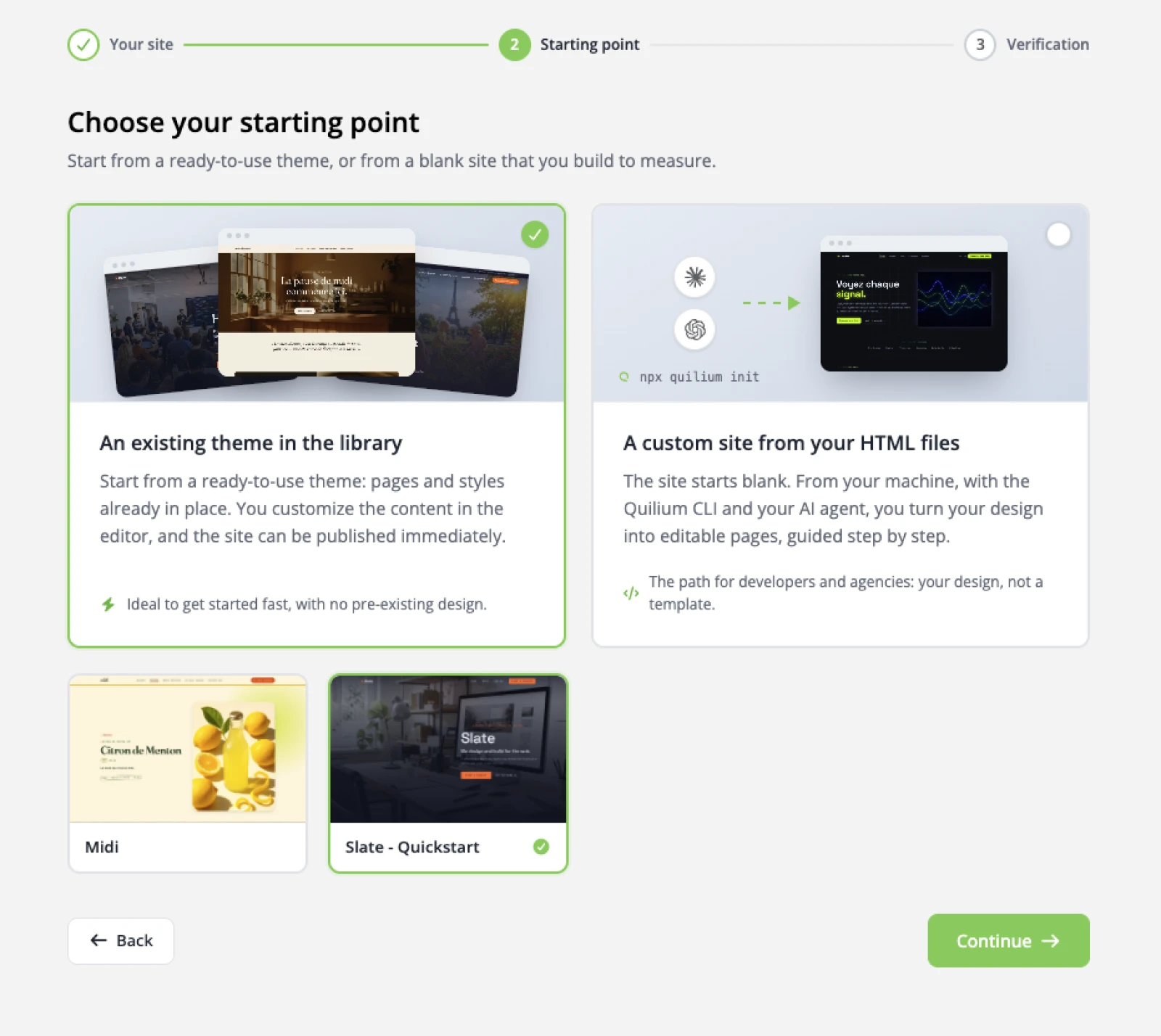 The Starting point step of site creation, with "An existing theme in the library" selected and the Slate - Quickstart theme picked.