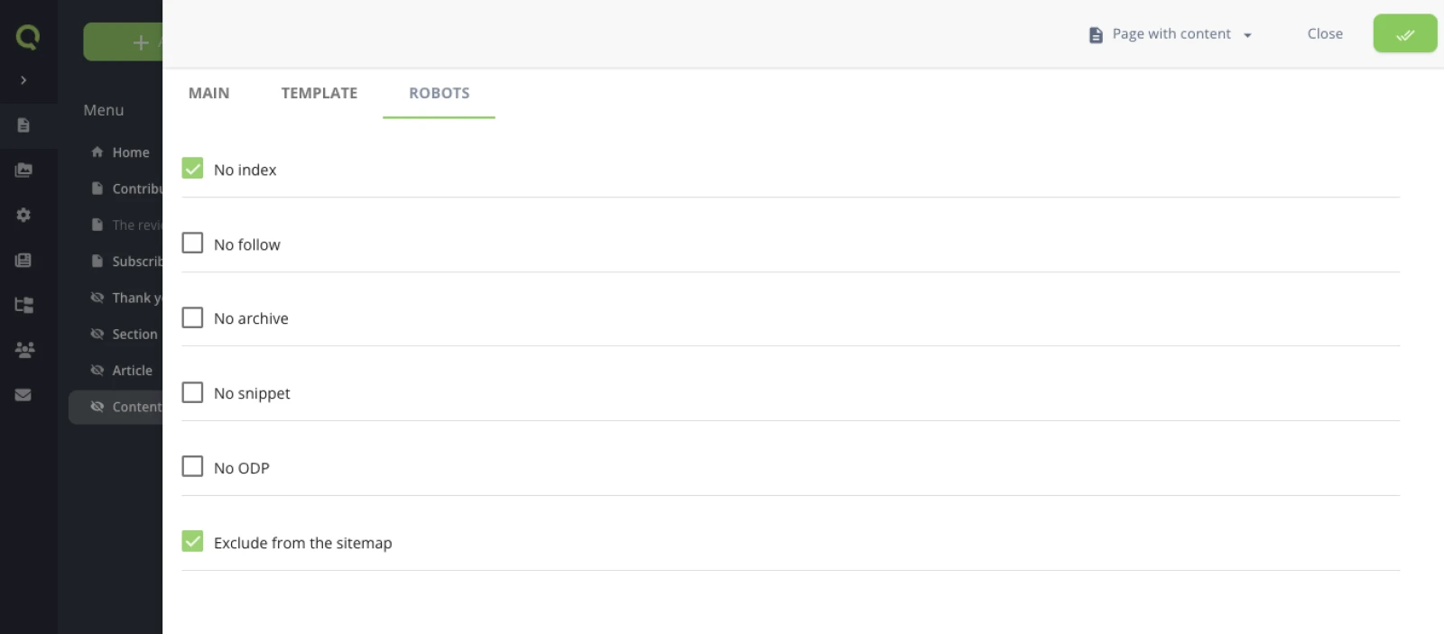 A page's settings in the back-office: the page active, hidden from the navigation, and the No index flag ticked in the Robots tab.