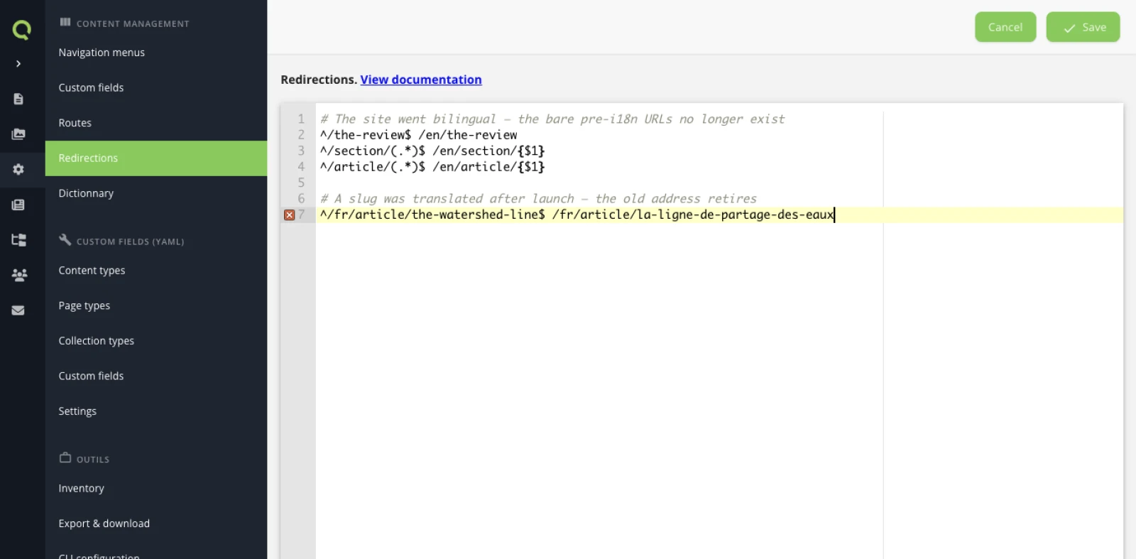 The Redirections editor in the back-office: Content management in the left rail with Redirections selected, a numbered text area holding the rules and their comments, and Cancel and Save at the top.